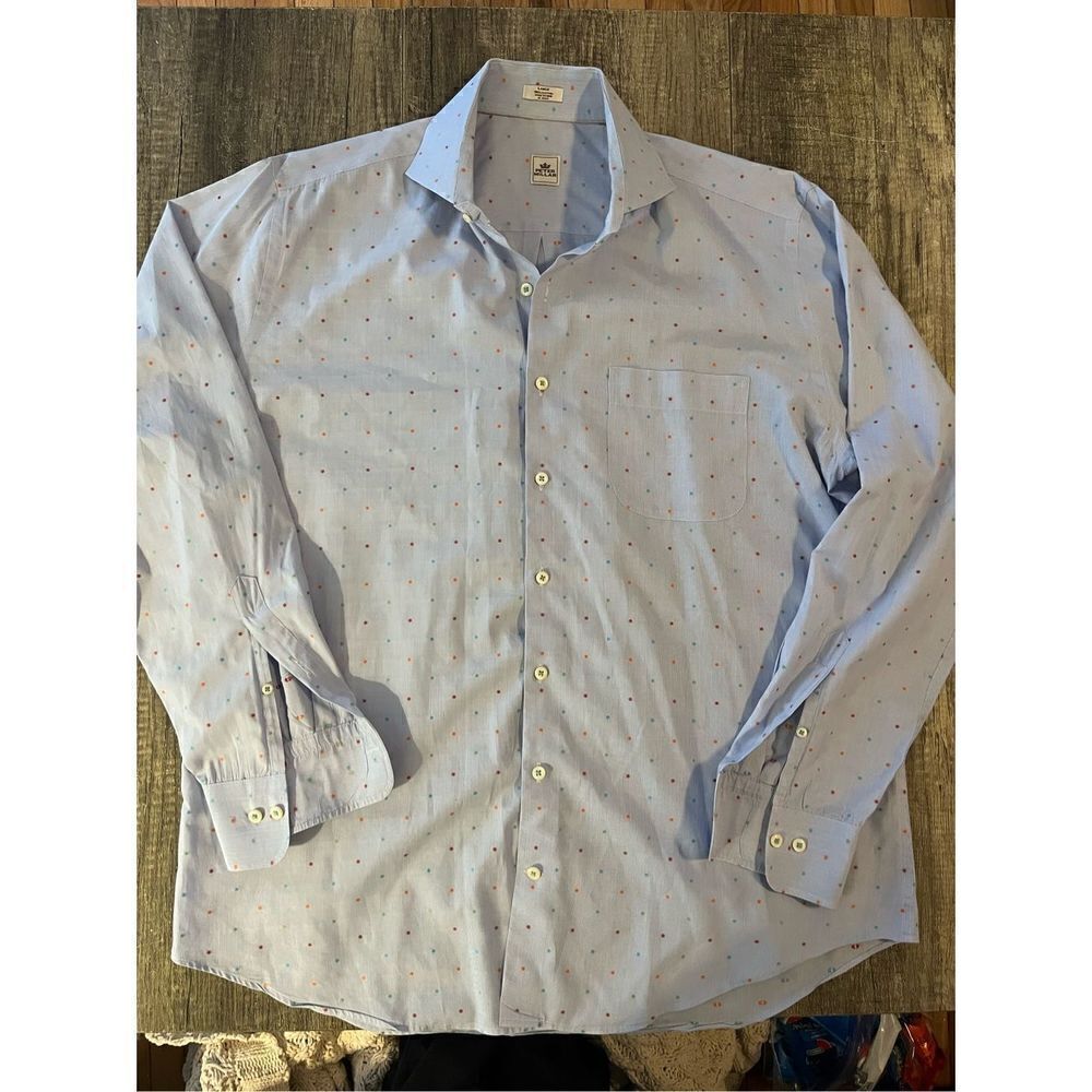 Peter Millar Long Sleeve Casual Button Down Blue Polka Dot Cotton Large